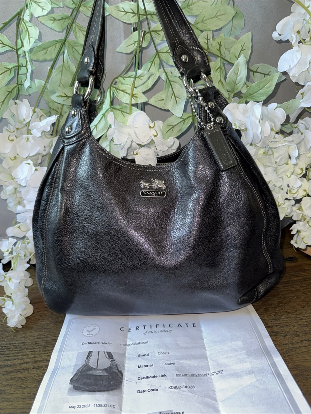 Coach Black Leather Shoulder Bag with COA AND Silver Hardware